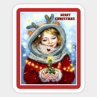 Merry Christmas Young Girl holding a Xmas Tree Vintage Print Sticker